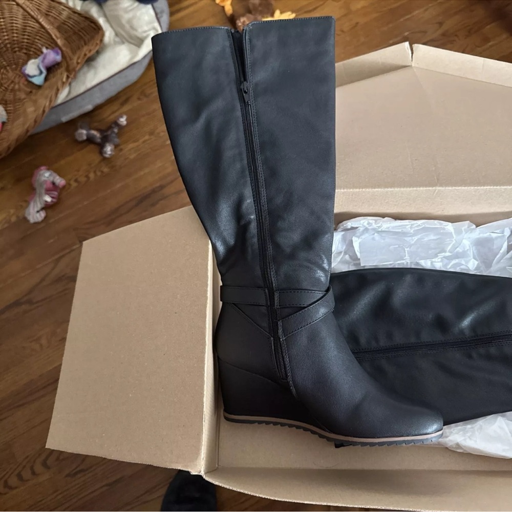 Black Wedge Knee-High Boots